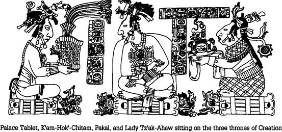 Pakal’s son, K’an- Hok’-Chitam seated with dead mother and father