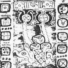 Turtle and 3 stones hang from sun signs and sky band (from Madrid Codex)